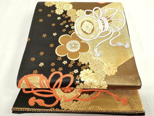 平和屋着物[]女の子　子供　全通柄袋帯　唐織　鼓花文　舞梅　黒地　金糸　逸品　DABJ3010ea