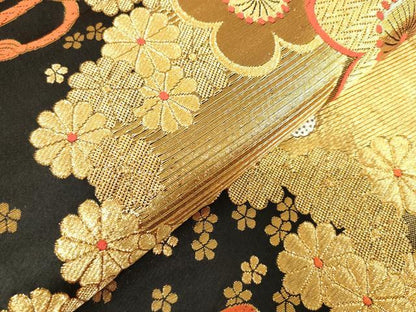 平和屋着物[]女の子　子供　全通柄袋帯　唐織　鼓花文　舞梅　黒地　金糸　逸品　DABJ3010ea