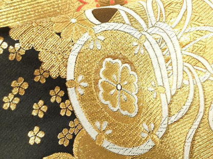 平和屋着物[]女の子　子供　全通柄袋帯　唐織　鼓花文　舞梅　黒地　金糸　逸品　DABJ3010ea