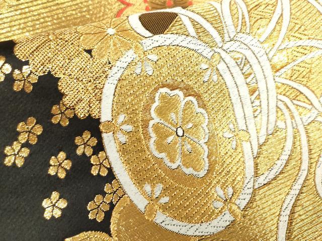 平和屋着物[]女の子　子供　全通柄袋帯　唐織　鼓花文　舞梅　黒地　金糸　逸品　DABJ3010ea