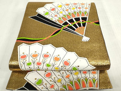 平和屋着物[]女の子　子供　全通柄袋帯　舞扇文　黒地　金糸　逸品　DABJ3011ea