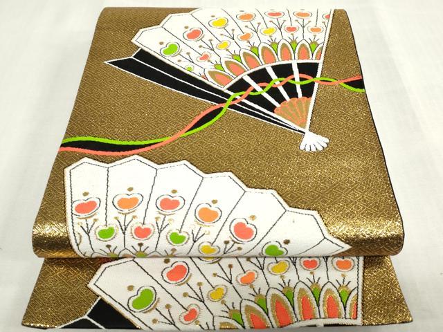 平和屋着物[]女の子　子供　全通柄袋帯　舞扇文　黒地　金糸　逸品　DABJ3011ea