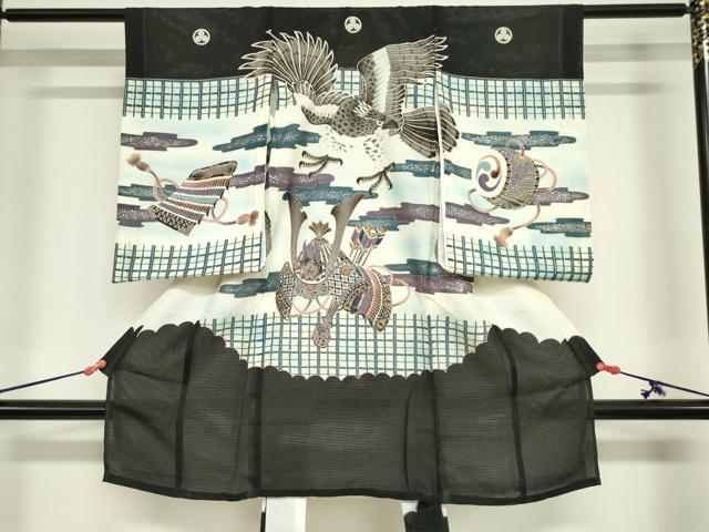 平和屋着物＊夏物　お宮参り　男の子　祝着　産着　初着　のしめ　絽　鷹　鷲　兜　銀彩　逸品　DABJ3016ea