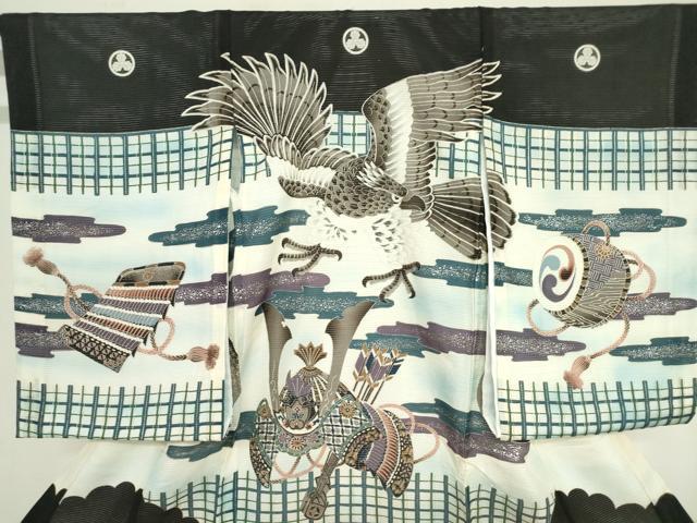 平和屋着物＊夏物　お宮参り　男の子　祝着　産着　初着　のしめ　絽　鷹　鷲　兜　銀彩　逸品　DABJ3016ea