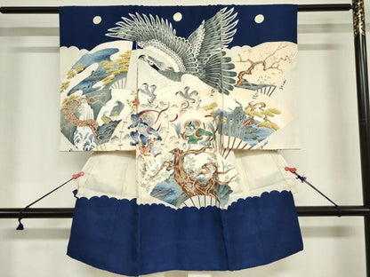 平和屋着物[]お宮参り　男の子　祝着　産着　初着　のしめ　駒刺繍　鷹　鷲　扇面　風神雷神　銀彩　逸品　DABJ3017ea