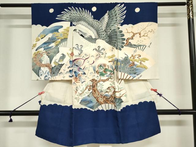 平和屋着物[]お宮参り　男の子　祝着　産着　初着　のしめ　駒刺繍　鷹　鷲　扇面　風神雷神　銀彩　逸品　DABJ3017ea