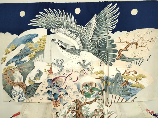 平和屋着物[]お宮参り　男の子　祝着　産着　初着　のしめ　駒刺繍　鷹　鷲　扇面　風神雷神　銀彩　逸品　DABJ3017ea