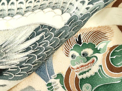 平和屋着物[]お宮参り　男の子　祝着　産着　初着　のしめ　駒刺繍　鷹　鷲　扇面　風神雷神　銀彩　逸品　DABJ3017ea