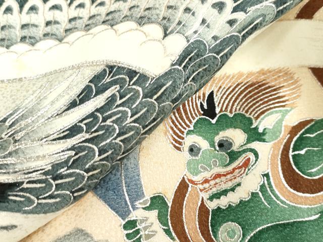 平和屋着物[]お宮参り　男の子　祝着　産着　初着　のしめ　駒刺繍　鷹　鷲　扇面　風神雷神　銀彩　逸品　DABJ3017ea