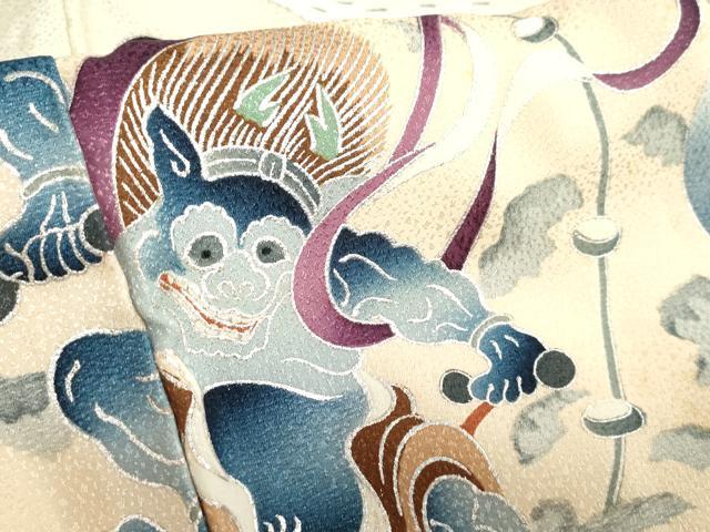 平和屋着物[]お宮参り　男の子　祝着　産着　初着　のしめ　駒刺繍　鷹　鷲　扇面　風神雷神　銀彩　逸品　DABJ3017ea