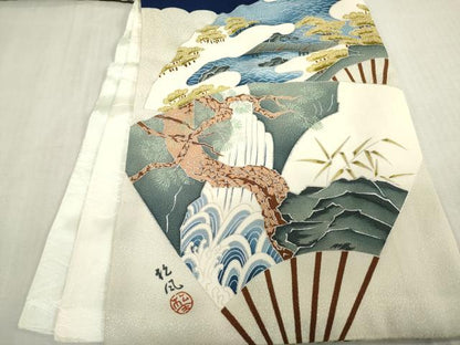 平和屋着物[]お宮参り　男の子　祝着　産着　初着　のしめ　駒刺繍　鷹　鷲　扇面　風神雷神　銀彩　逸品　DABJ3017ea