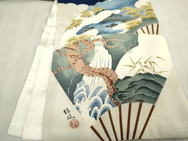 平和屋着物[]お宮参り　男の子　祝着　産着　初着　のしめ　駒刺繍　鷹　鷲　扇面　風神雷神　銀彩　逸品　DABJ3017ea