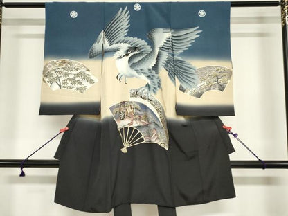 平和屋着物[]お宮参り　男の子　祝着　産着　初着　のしめ　鷹　鷲　舞扇文　暈し染め　金彩　逸品　DABJ3019ea
