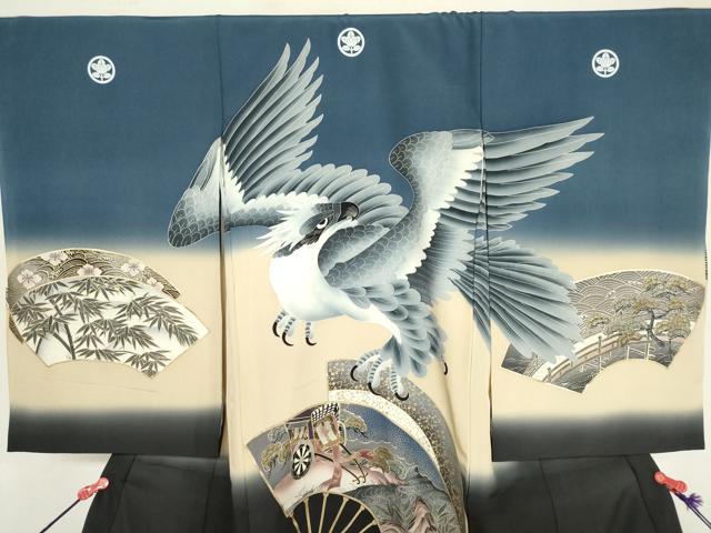 平和屋着物[]お宮参り　男の子　祝着　産着　初着　のしめ　鷹　鷲　舞扇文　暈し染め　金彩　逸品　DABJ3019ea