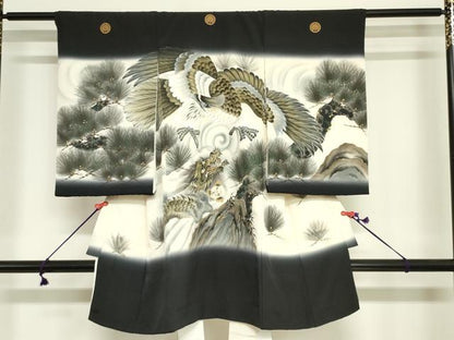 平和屋着物[]お宮参り　男の子　祝着　産着　初着　のしめ　手描き　鷹　鷲　龍　松文　金彩　逸品　DABJ3020ea
