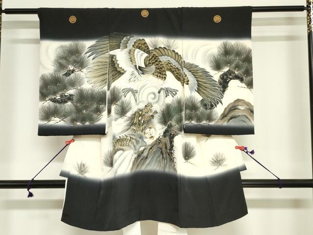 平和屋着物[]お宮参り　男の子　祝着　産着　初着　のしめ　手描き　鷹　鷲　龍　松文　金彩　逸品　DABJ3020ea