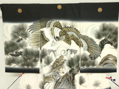 平和屋着物[]お宮参り　男の子　祝着　産着　初着　のしめ　手描き　鷹　鷲　龍　松文　金彩　逸品　DABJ3020ea