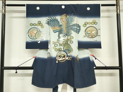 平和屋着物[]お宮参り　男の子　祝着　産着　初着　のしめ　鷹　鷲　楽器松文　暈し染め　金彩　逸品　DABJ3021ea