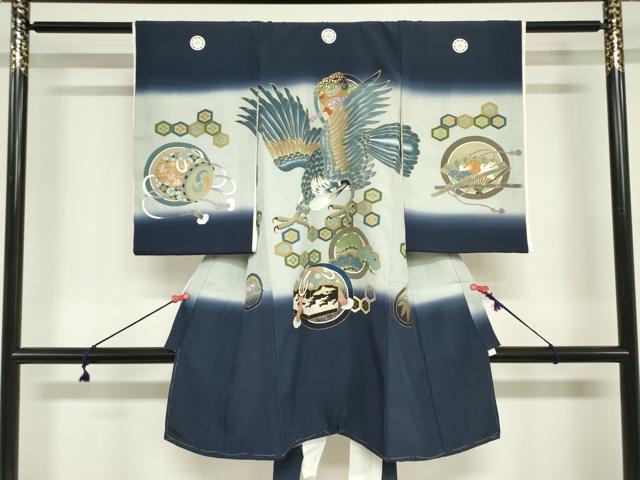 平和屋着物[]お宮参り　男の子　祝着　産着　初着　のしめ　鷹　鷲　楽器松文　暈し染め　金彩　逸品　DABJ3021ea