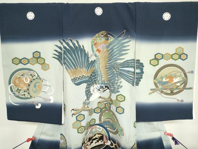 平和屋着物[]お宮参り　男の子　祝着　産着　初着　のしめ　鷹　鷲　楽器松文　暈し染め　金彩　逸品　DABJ3021ea