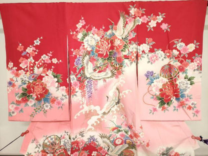 平和屋着物[]お宮参り　女の子　祝着　産着　初着　のしめ　飛鶴花蝶文　器物　暈し染め　金彩　逸品　DABJ3029ea
