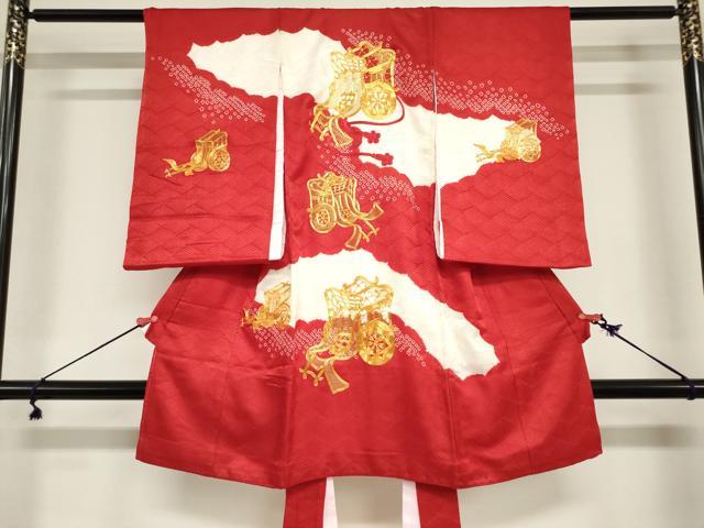 平和屋着物[]お宮参り　女の子　祝着　産着　初着　のしめ　駒刺繍　絞り　御所車　逸品　DABJ3030ea