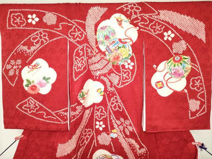 平和屋着物[]お宮参り　女の子　祝着　産着　初着　のしめ　刺繍　絞り　束ね熨斗花鞠文　金糸　逸品　DABJ3034ea