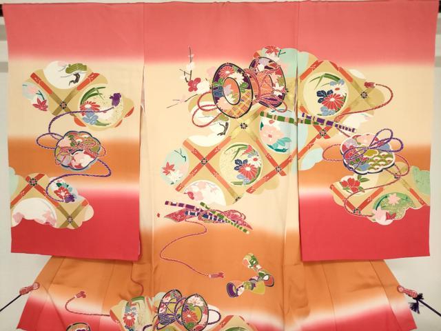 平和屋着物[]お宮参り 女の子 祝着 産着 初着 のしめ 楽器花丸文 暈し染め 逸品 DABJ3038ea