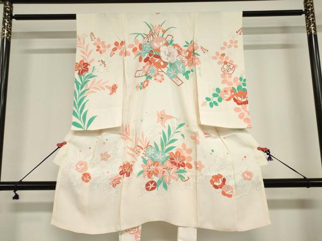 平和屋着物＊夏物　お宮参り　女の子　祝着　産着　初着　のしめ　絽　百合　花筏文　DABJ3041ea