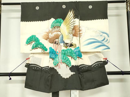 平和屋着物[]お宮参り　男の子　祝着　産着　初着　のしめ　刺繍　手描き　鷹　鷲　立波松文　金彩　逸品　DABJ3048ea