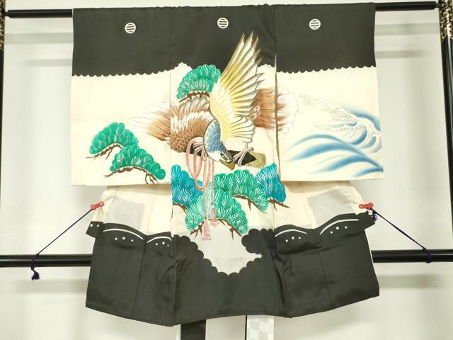 平和屋着物[]お宮参り　男の子　祝着　産着　初着　のしめ　刺繍　手描き　鷹　鷲　立波松文　金彩　逸品　DABJ3048ea