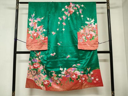 平和屋着物[]七五三　女の子　７歳　祝着　四つ身　枝垂れ桜　花車鞠舞蝶文　金彩　DABJ3055ea