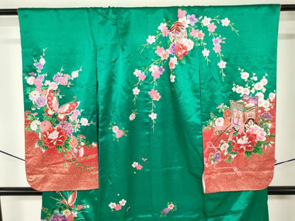 平和屋着物[]七五三　女の子　７歳　祝着　四つ身　枝垂れ桜　花車鞠舞蝶文　金彩　DABJ3055ea