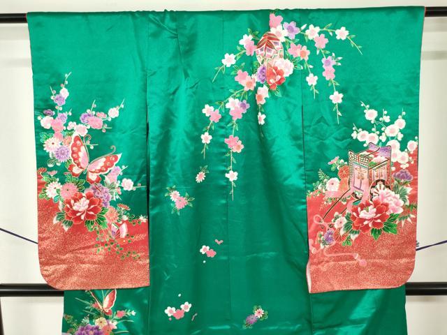 平和屋着物[]七五三　女の子　７歳　祝着　四つ身　枝垂れ桜　花車鞠舞蝶文　金彩　DABJ3055ea