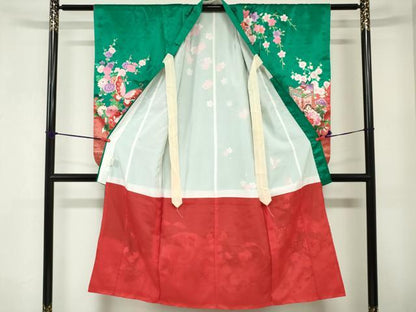 平和屋着物[]七五三　女の子　７歳　祝着　四つ身　枝垂れ桜　花車鞠舞蝶文　金彩　DABJ3055ea