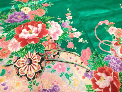 平和屋着物[]七五三　女の子　７歳　祝着　四つ身　枝垂れ桜　花車鞠舞蝶文　金彩　DABJ3055ea