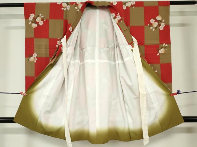 平和屋着物[]七五三　女の子　３歳　祝着　三つ身　桃　舞梅　市松文様　洗える着物　DABJ3056ea
