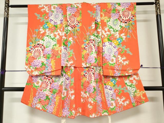 平和屋着物[]七五三　女の子　３歳　祝着　三つ身　源氏車花文　金彩　逸品　DABJ3057ea