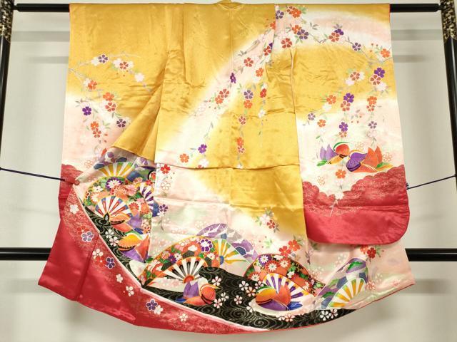 平和屋着物[]七五三　女の子　３歳　祝着　三つ身　鴛鴦片輪車花文　枝垂れ桜　暈し染め　金彩　DABJ3059ea