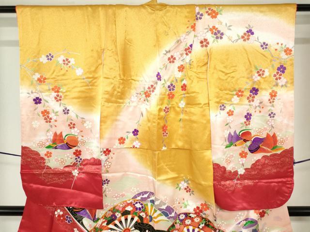 平和屋着物[]七五三　女の子　３歳　祝着　三つ身　鴛鴦片輪車花文　枝垂れ桜　暈し染め　金彩　DABJ3059ea
