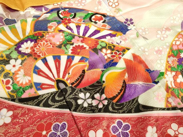 平和屋着物[]七五三　女の子　３歳　祝着　三つ身　鴛鴦片輪車花文　枝垂れ桜　暈し染め　金彩　DABJ3059ea