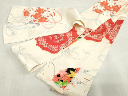 平和屋着物[]七五三　女の子　７歳　祝着　四つ身　絞り　花絵皿　金彩　逸品　DABJ3061ea