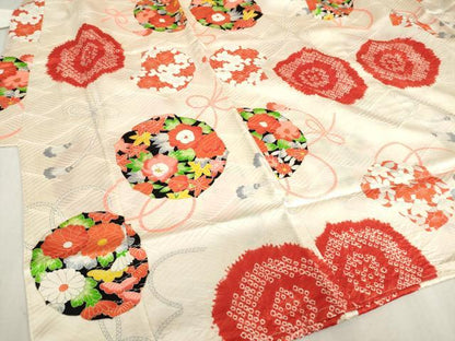 平和屋着物[]七五三　女の子　７歳　祝着　四つ身　絞り　花絵皿　金彩　逸品　DABJ3061ea