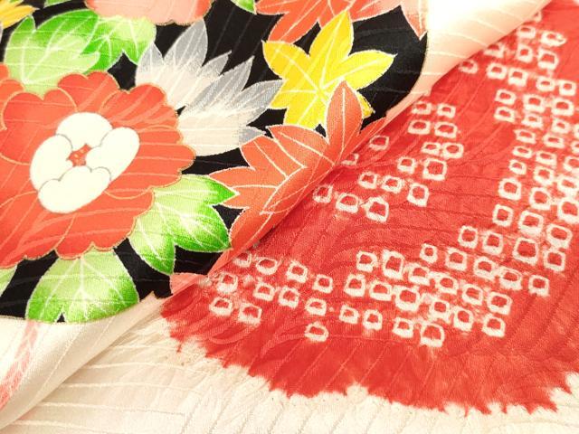 平和屋着物[]七五三　女の子　７歳　祝着　四つ身　絞り　花絵皿　金彩　逸品　DABJ3061ea
