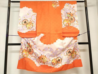 平和屋着物[]七五三　女の子　７歳　祝着　四つ身　駒刺繍　鼓糸車花文　金彩　DABJ3062ea