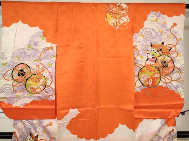 平和屋着物[]七五三　女の子　７歳　祝着　四つ身　駒刺繍　鼓糸車花文　金彩　DABJ3062ea