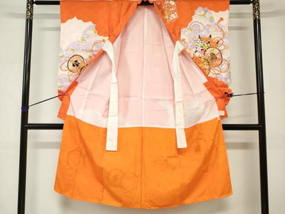 平和屋着物[]七五三　女の子　７歳　祝着　四つ身　駒刺繍　鼓糸車花文　金彩　DABJ3062ea