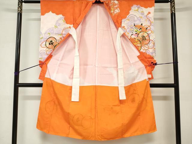 平和屋着物[]七五三　女の子　７歳　祝着　四つ身　駒刺繍　鼓糸車花文　金彩　DABJ3062ea