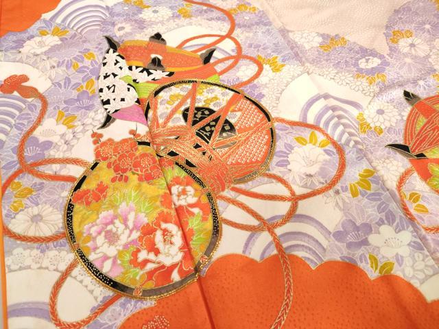 平和屋着物[]七五三　女の子　７歳　祝着　四つ身　駒刺繍　鼓糸車花文　金彩　DABJ3062ea