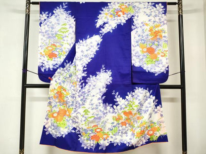 平和屋着物[]七五三　女の子　７歳　祝着　四つ身　駒刺繍　御所車花松文　金彩　DABJ3063ea